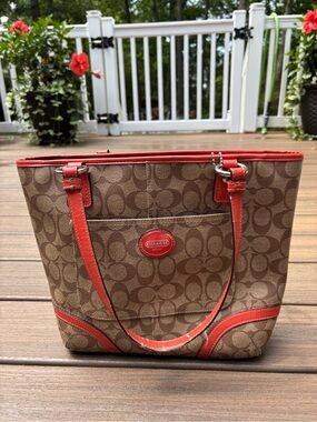 Coach Peyton Signature Heritage Tote Canvas Bag Red and White F18917